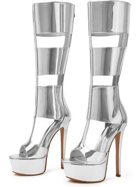 Women's Silver Knee High Heel Gladiator Open Toe Summer Boots Black Heels Sandal
